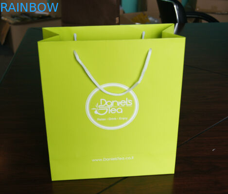 綿のハンドルの茶包装袋が付いているクラフトのカスタム デザインの緑の紙袋