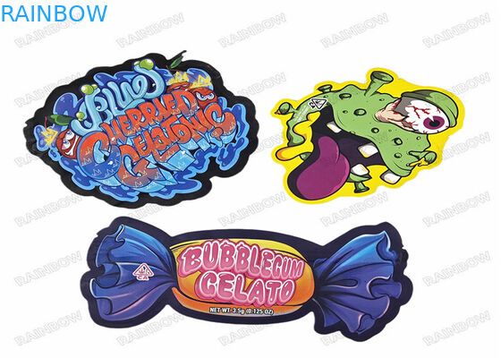 カスタム印刷されたプラスチックチャイルドプルーフデザインスタンドアップホログラフィック 3.5 グラム不規則な特殊な形のジッパーダイカットマイラーバッグ