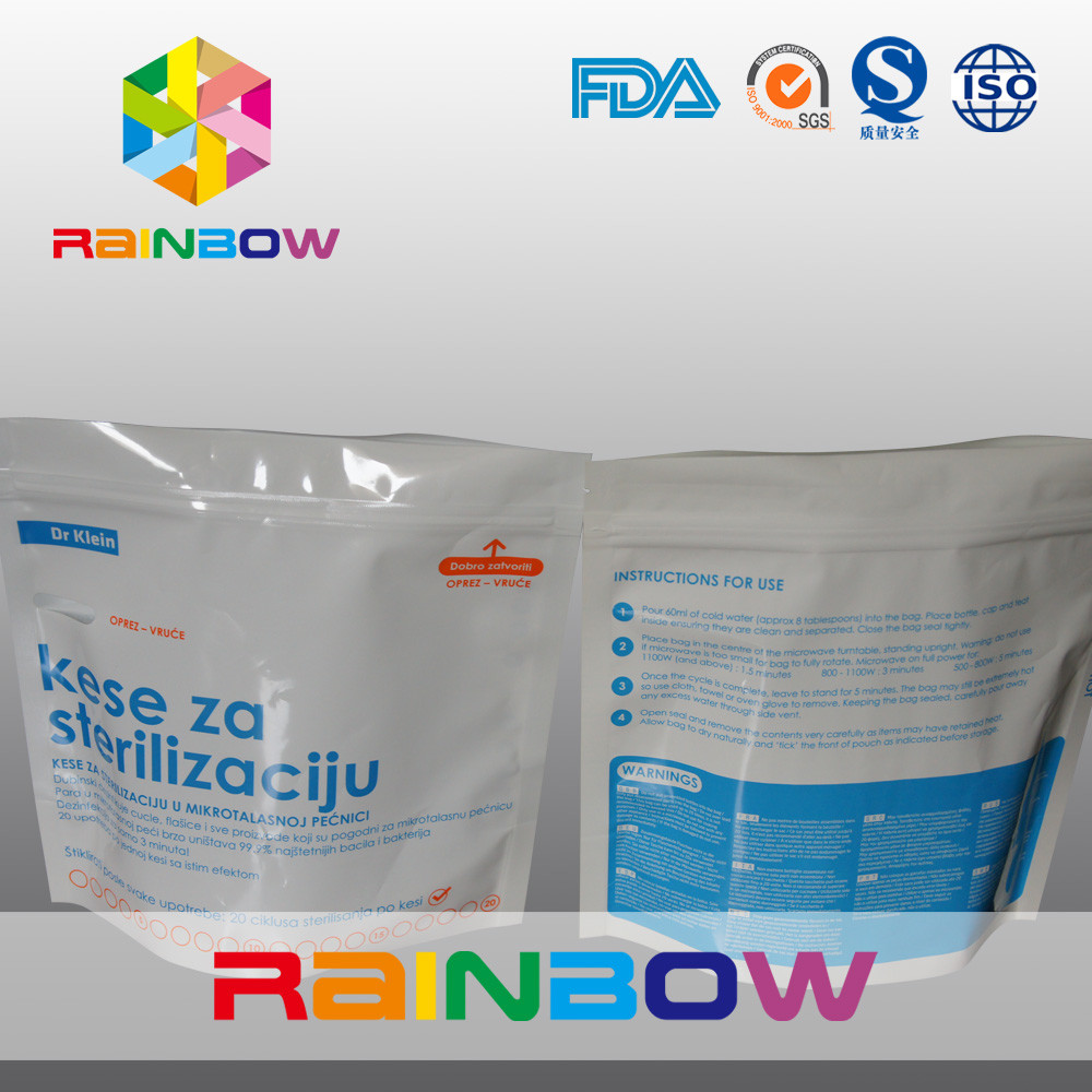 哺乳瓶/ジッパーのマイクロウェーブ磨き粉のためのziplockが付いているマイクロウェーブ滅菌装置の袋袋の上の薄板にされた物質的なstandd