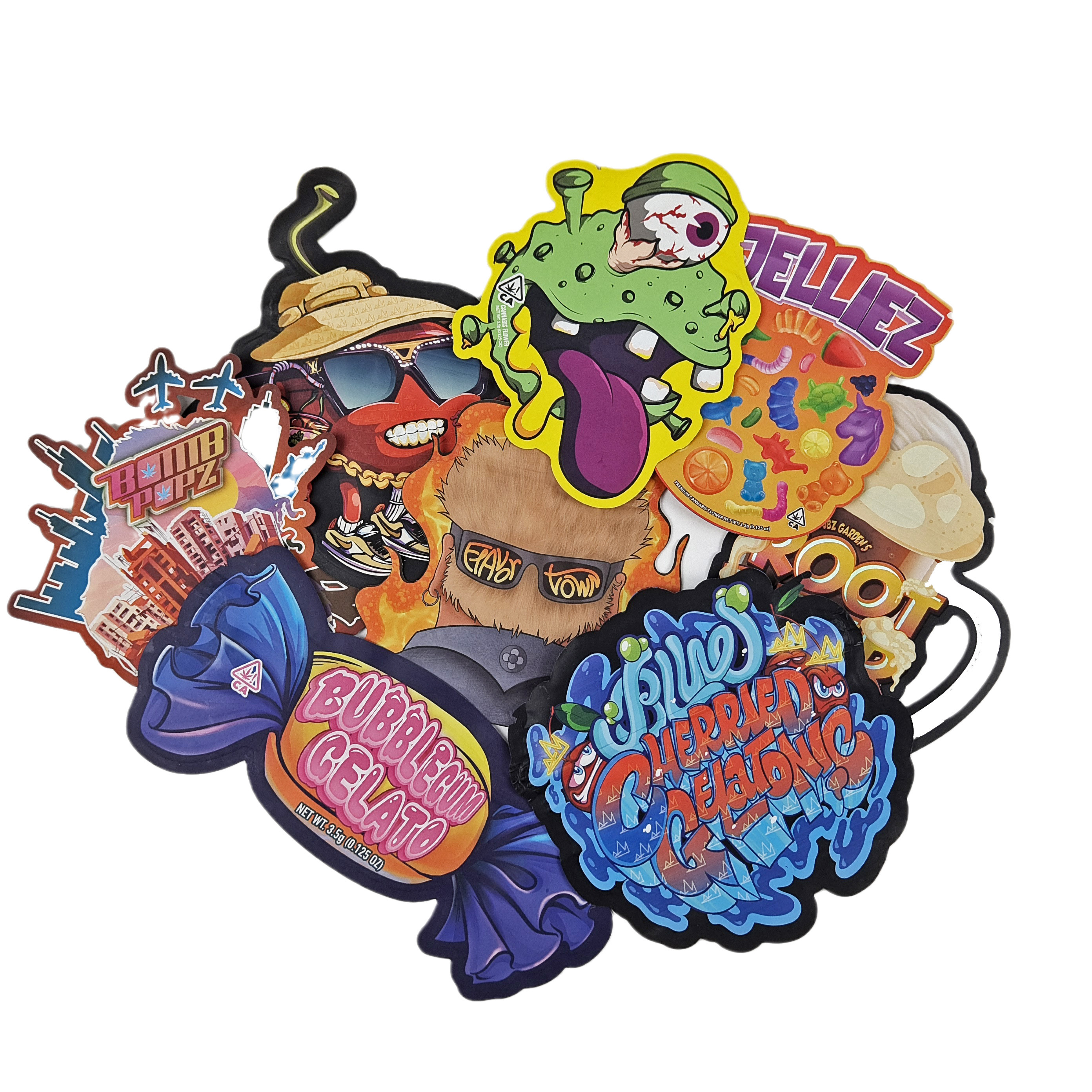 カスタムデザイン 3.5 グラム 7 グラム 14 グラム 28 グラムダイカット袋ジップロック特殊形状チャイルドプルーフカスタム形状マイラースナックバッグ包装