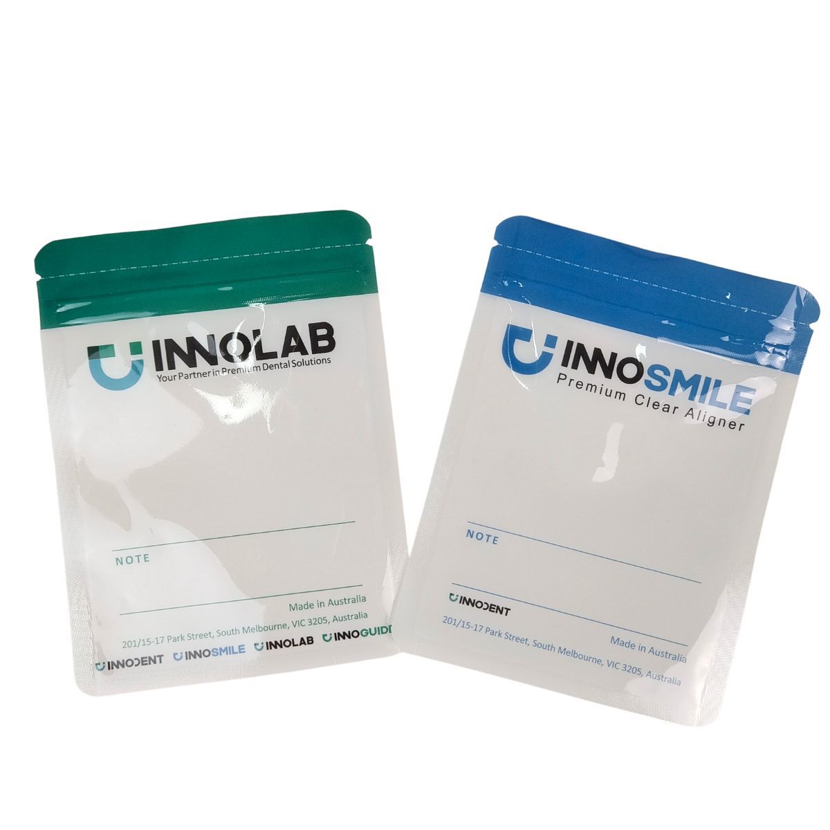 歯科用マウスピース（クリアアライナー）包装用、カスタマイズ可能な白色ジッパーバッグ、片面クリア、ヒートシール、ロゴ配置