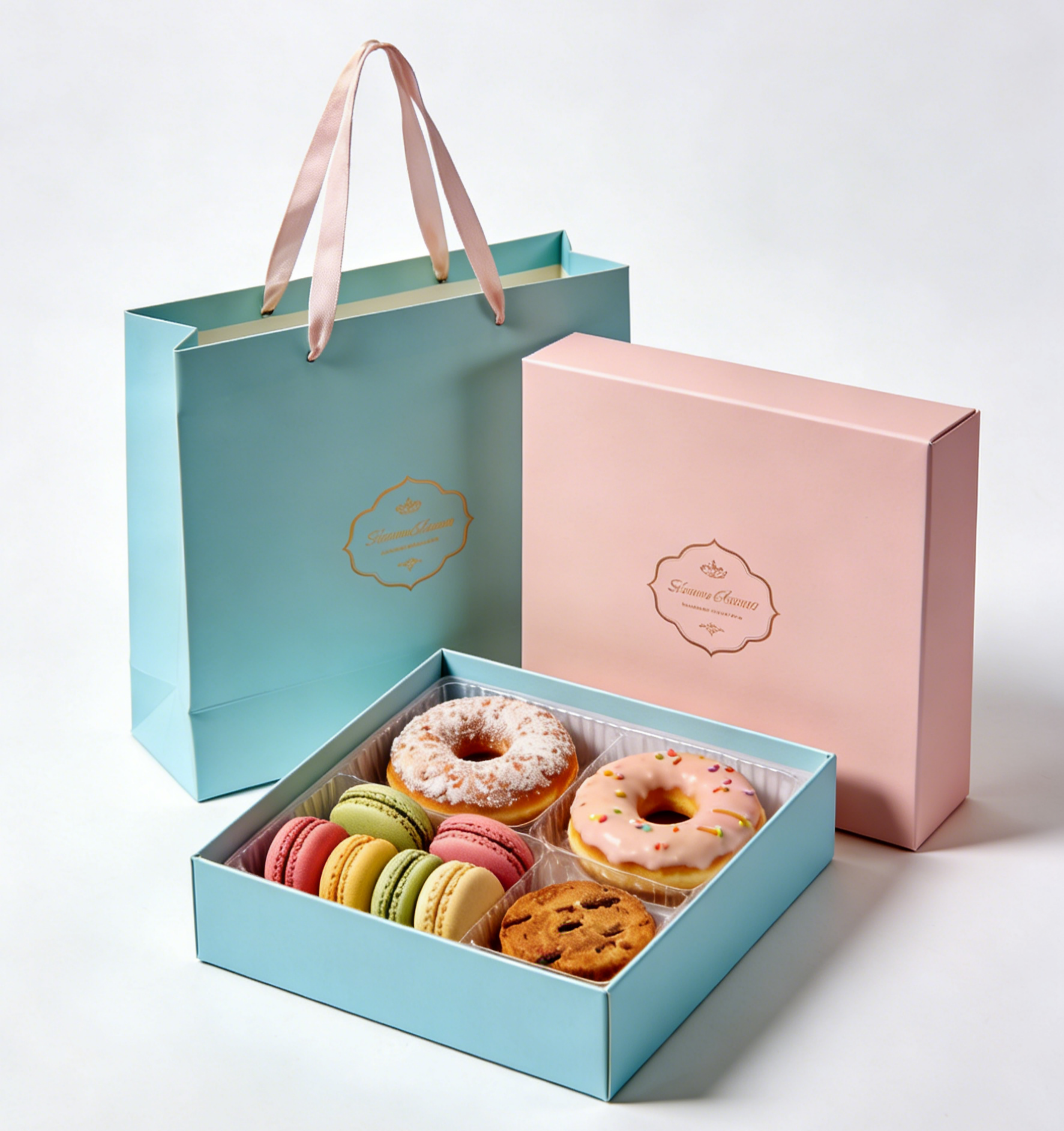 プレミアム食品グレード 折りたたむベースと蓋 ケーキの箱 スーシ マカロンのデザート パン屋 ギフトボックス 紙袋セット