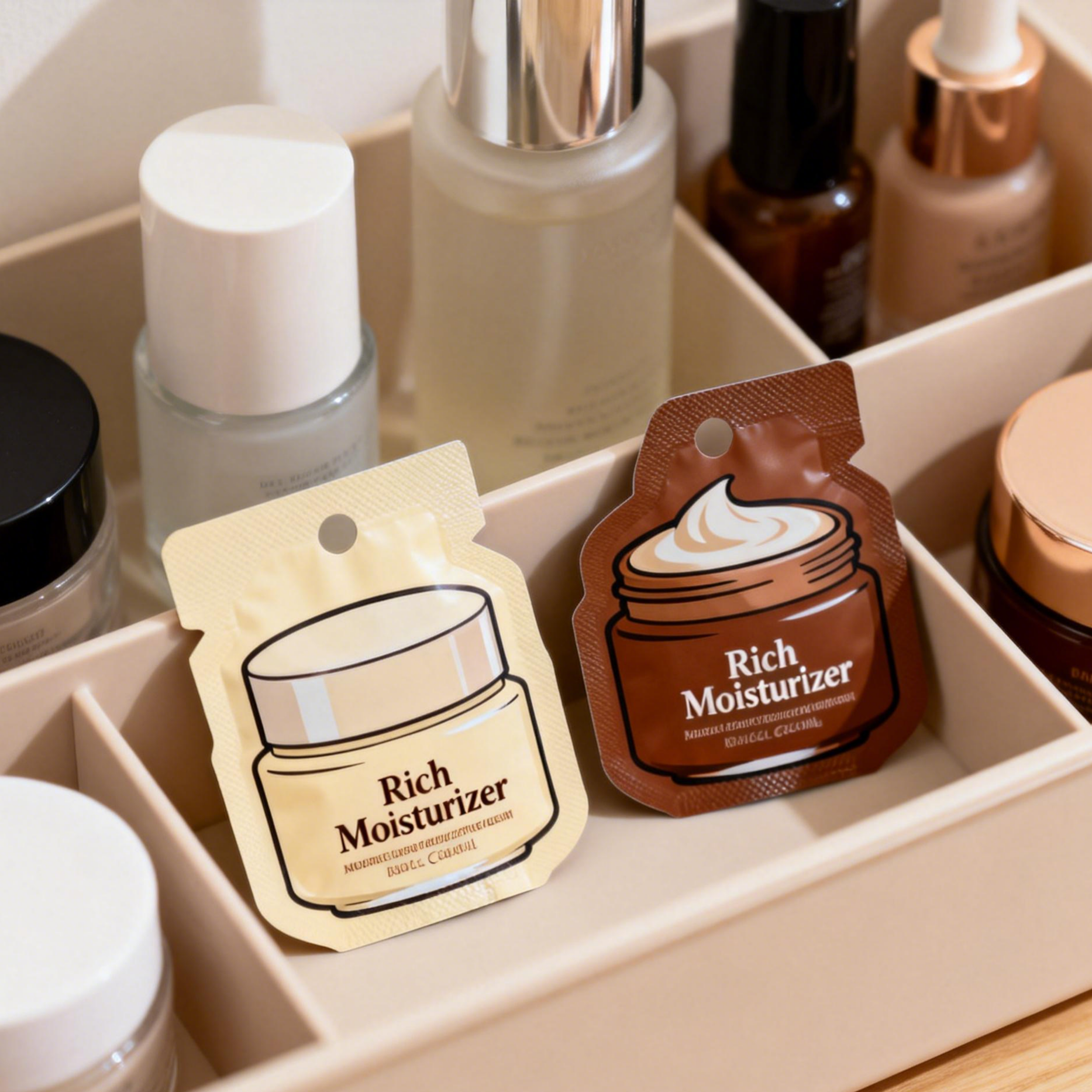 カスタム 皮膚ケア ローション クリーム 梱包 プラスチック 小型 化粧品 サンプル サケット マイラー フォイル バッグ 熱シール バッグ サケット 小型 ミニバッグ