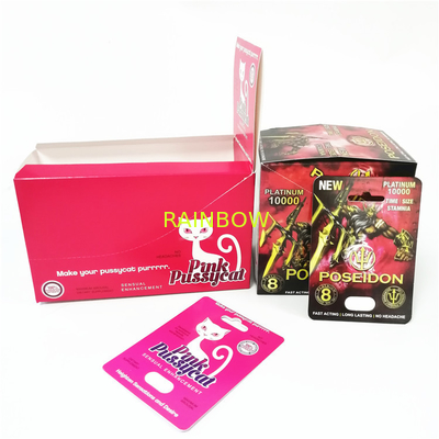 注文の紙カード箱の注文のサイの男性の強化の丸薬包装を印刷する広告はピンクの猫を囲む